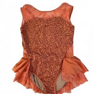 Weissman Girls Peach Sequined Lace Ruffled Dance Costume XL